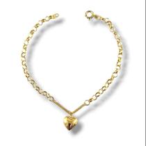 Pulseira Feminina ouro 18k elo português ping coração 8mm