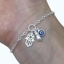 Pulseira Feminina Patuá Olho Grego Figa Hamsá de Prata 925