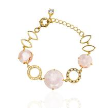 Pulseira feminina pedra redonda rosa banhada a ouro 18k
