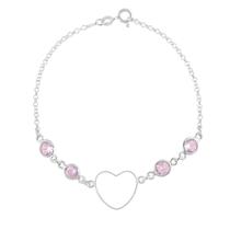 Pulseira Feminina Pedra Zircônia Coração Rosa Prata 925