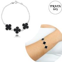 Pulseira Feminina Prata 925 Legitima Trevo da Sorte 3 Trevos Resina Preta Delicada Joia Elegante Presente Luxo