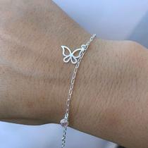 Pulseira Feminina Zircônia Rosa Borboleta Prata 925 Legítima