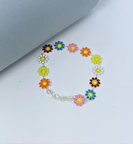 Pulseira Feminino flores Margaridas Flor Girassol coloridas branca Folheado a Prata Bracelete Prateado Primavera Moda Pulseira Feminino flores Margaridas Flor Girassol coloridas branca Folheado a Prata Bracelete Prateado Primavera Moda