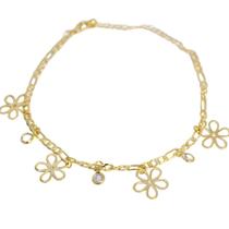 Pulseira Flores Vazadas e Ponto de Luz Semijoia Banho de Ouro 18K Pulseira Flores Vazadas e Ponto de Luz Semijoia Banho de Ouro 18K