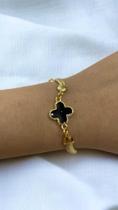 PULSEIRA FOLHEADA A OURO 18K MALHA E TREVO PRETO Ouro