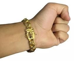 Pulseira Friso 12mm Fecho Jesus Cristo Banhado A Ouro 18k