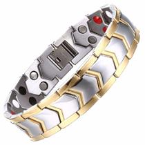Pulseira Hottime Prata com Filetes Dourado Magnetica - Fecho Oculto