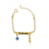 Pulseira Infantil Chapa Figa e Olho Grego com Nome Banho Ouro Pulseira Infantil Chapa Figa e Olho Grego com Nome Banho Ouro