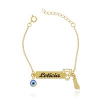 Pulseira Infantil com Figa e Nome Personalizado Banho Ouro