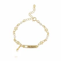 Pulseira Infantil Coração Chapa Figa Nome Perola Banho Ouro
