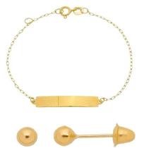 Pulseira Infantil Ouro 18k Chapinha + Brinco Bolinha 3mm