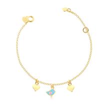 Pulseira Infantil Passarinho e Corações Folheada A Ouro