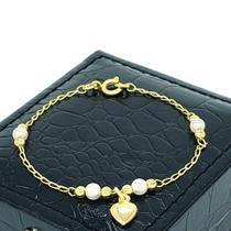 Pulseira Infantil Pérolas E Coração Banho Ouro 18k 2186