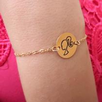 Pulseira Infantil Personalizada Placa Redonda Barbie Banhado Em Ouro 18K