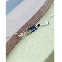 Pulseira Infantil Plaquinha Figa Chapinha Gravação 14cm Prata 925 Legítima