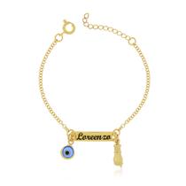 Pulseira Infantil RN com Nome Figa e Olho Grego Banho de Ouro Pulseira Infantil RN com Nome Figa e Olho Grego Banho de Ouro