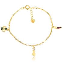 Pulseira Infantil Sorte Trevo Figa Pimenta Folheada A Ouro