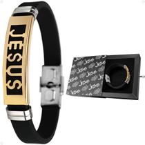Pulseira Jesus Cristo Dourada Masculina Aço Banhada + Caixa moda masculina social religiosa casual original preta