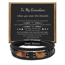 Pulseira JoyCuff Grandson em couro preto com 2 pedras de olho de tigre