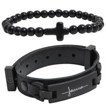 Pulseira Kit 02 JESUS Preto Strap Plug Ajustável e Pulseira Cruz e Esferas Pulseira Kit 02 JESUS Preto Strap Plug Ajustável e Pulseira Cruz e Esferas