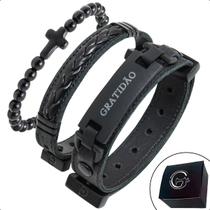 Pulseira Kit 03 GRATIDÃO Preto Strap Plug Ajustável e Esferas
