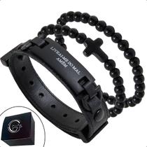 Pulseira Kit 03 LIVRAI-ME DO MAL AMÉM Preto Strap Plug Ajustável Esferas
