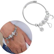 Pulseira Life Com 7 Berloques Charme Aço Inoxidável Prata Pulseira Life Com 7 Berloques Charme Aço Inoxidável Prata
