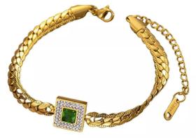 Pulseira Luxo Pedra Verde Feminina - Banhada A Ouro 18K