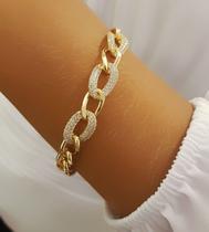 Pulseira Luxury Elos Liso e Micro Zircônia Cristal Banhado a Ouro