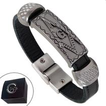 Pulseira Maçonaria Bracelete Maçom Couro Metal Inox Fecho Imã