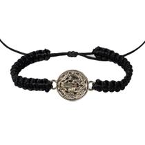 Pulseira Macramê Preta Medalha São Bento Ajustável Metal