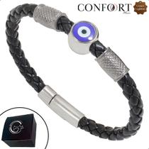 Pulseira Magnética de Couro Preto Masculina Olho Grego Proteção Talismã