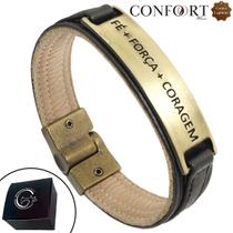 Pulseira Magnética de Couro Preto Masculina Placa Fé Força Coragem Ouro Velho Pulseira Magnética de Couro Preto Masculina Placa Fé Força Coragem Ouro Velho