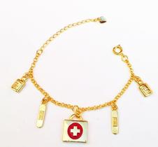 Pulseira Maleta Médica Enfermagem Folheado Ouro 18k