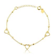 Pulseira Malha Bolinha Com Três Corações Folheada A Ouro Dourada