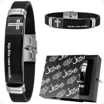 Pulseira Masculina Aço Inox + Pulseira Masculina Placa Aço Inox + Caixa jesus preto casual original social presente