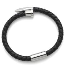 Pulseira Masculina Archer De Couro Preta Detalhe Em Aço Inox