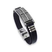 Pulseira Masculina Believe Feita Em Couro Preto Com Placa Texturizada Na Cor Grafite Pulseira Masculina Believe Feita Em Couro Preto Com Placa Texturizada Na Cor Grafite