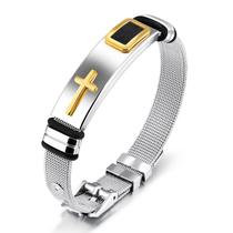 Pulseira Masculina Bracelete Aço Cruz Dourada