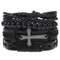 Pulseira Masculina Bracelete De Couro Crucifixo Presente Cristão Moda Atual Homem Conjunto Combo Kit 04 Ajustável Casual