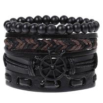 Pulseira Masculina Bracelete De Couro e Pedras Presente Moda Atual Homem Estilo Casual Conjunto Combo Kit Ajustável