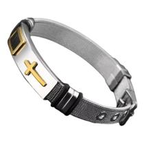 Pulseira Masculina Bracelete Malha De Aço Cruz Dourada - Honhx
