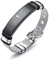 Pulseira Masculina Bracelete Malha de Aço Oração Pai Nosso