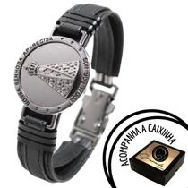 Pulseira Masculina Couro Estilo Relógio Nossa Senhora Grafite