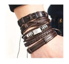Pulseira Masculina Couro Marrom Trançado Jogo Com 5 Un B7001