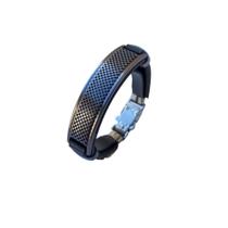 Pulseira masculina couro preto placa aço fumê