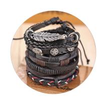 Pulseira Masculina Couro Trançado Pena Jogo 5 Un. V1504