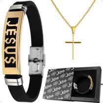 pulseira masculina cristo aco jesus original presente qualidade premium catolica casual social ajustavel silicone