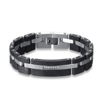 Pulseira masculina de aço inoxidável com detalhes em preto de 1,5 cm de largura