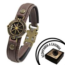 Pulseira Masculina De Couro Bússola Marrom Ouro Velho